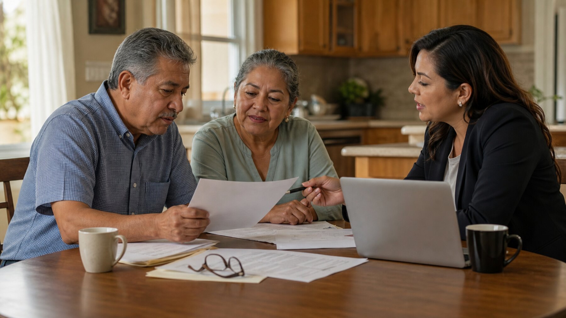 Older adults reviewing household bills and savings options at a kitchen table